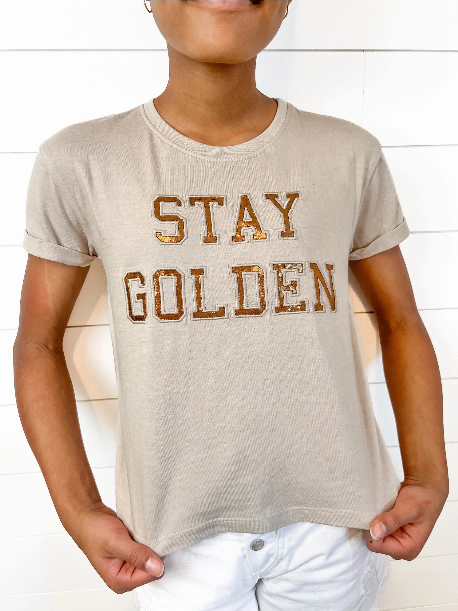 Children's fashion Eco - friendly Stay Golden Copper Foil Patch Tee