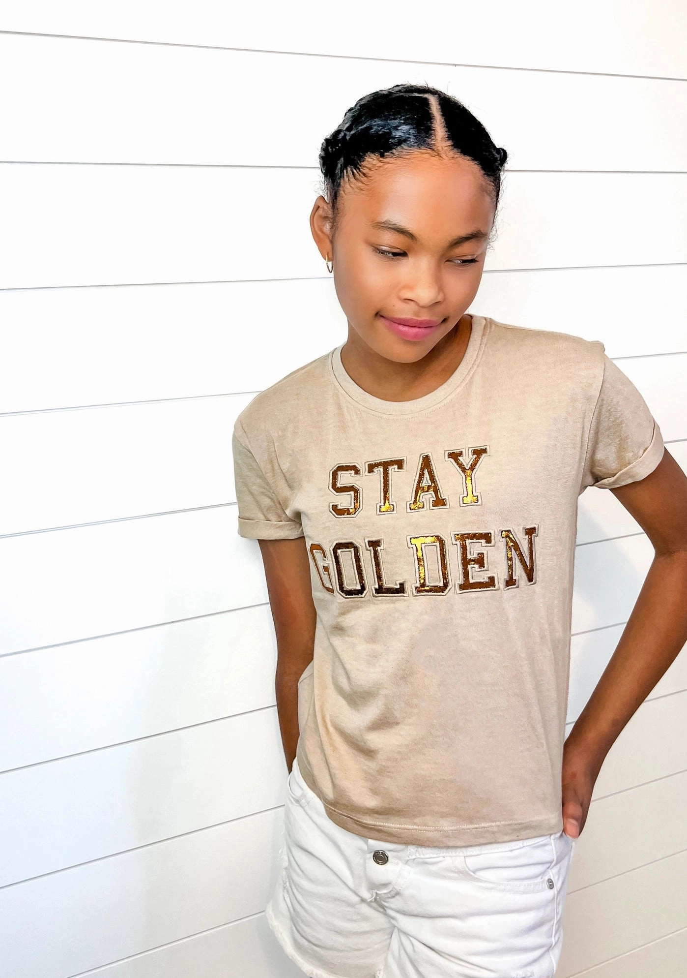 Stay Golden Copper Foil Patch Tee Indoor Water resistant kids' apparel