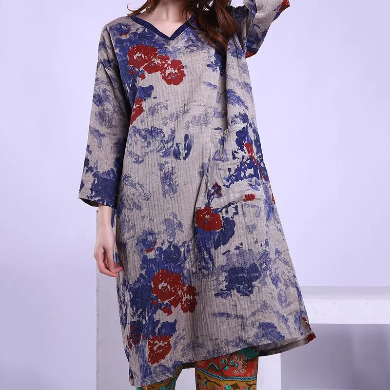 Babakud Vintage Printed Cotton Linen Dresses Winter Layering