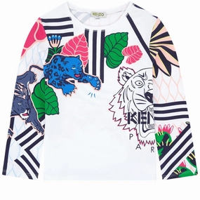 Linen Kenzo Kids Graphic Tee Shirt Multi Icons in White