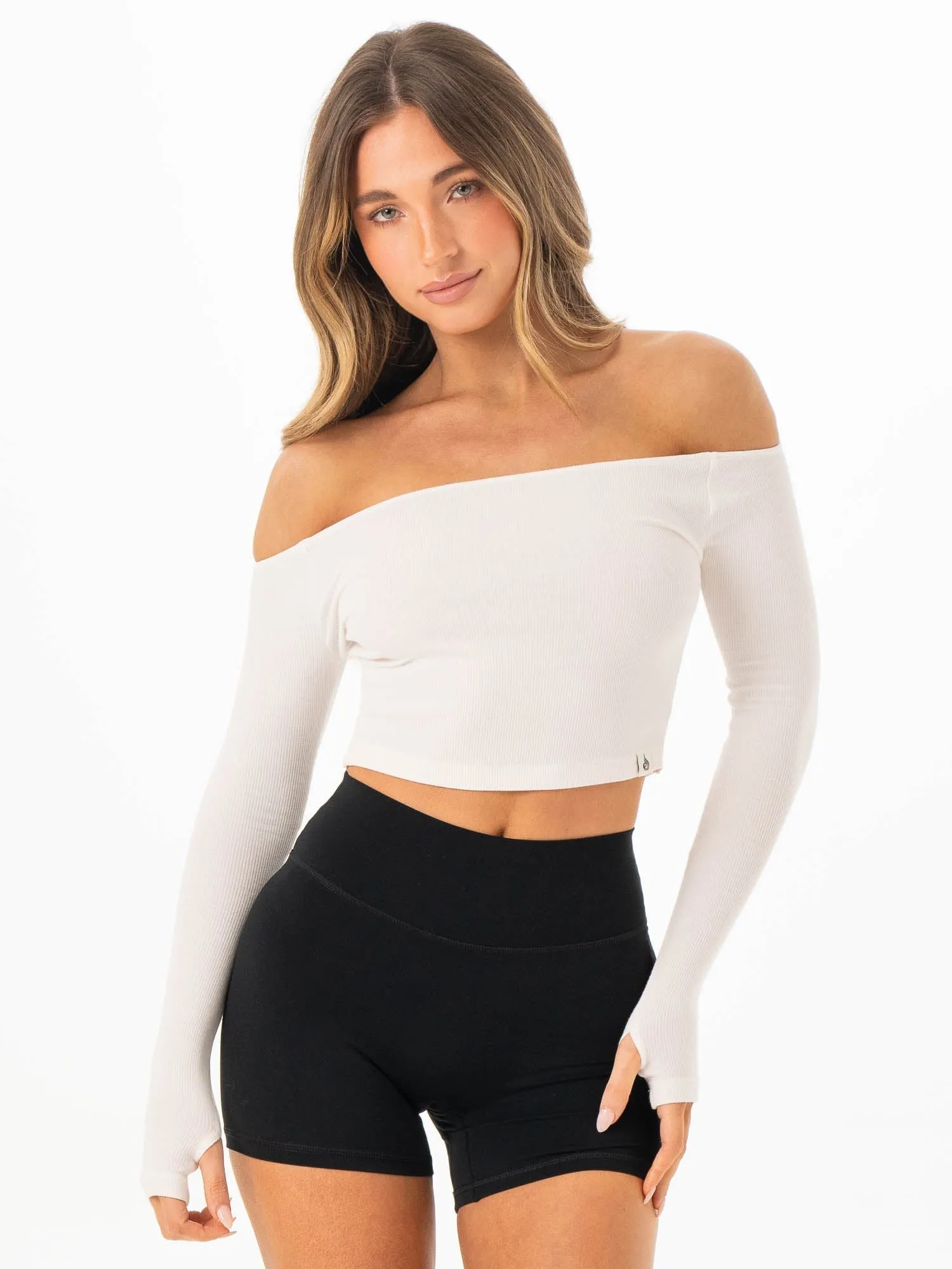 Ribbed Off Shoulder Long Sleeve Top - Off White Comfortable Style