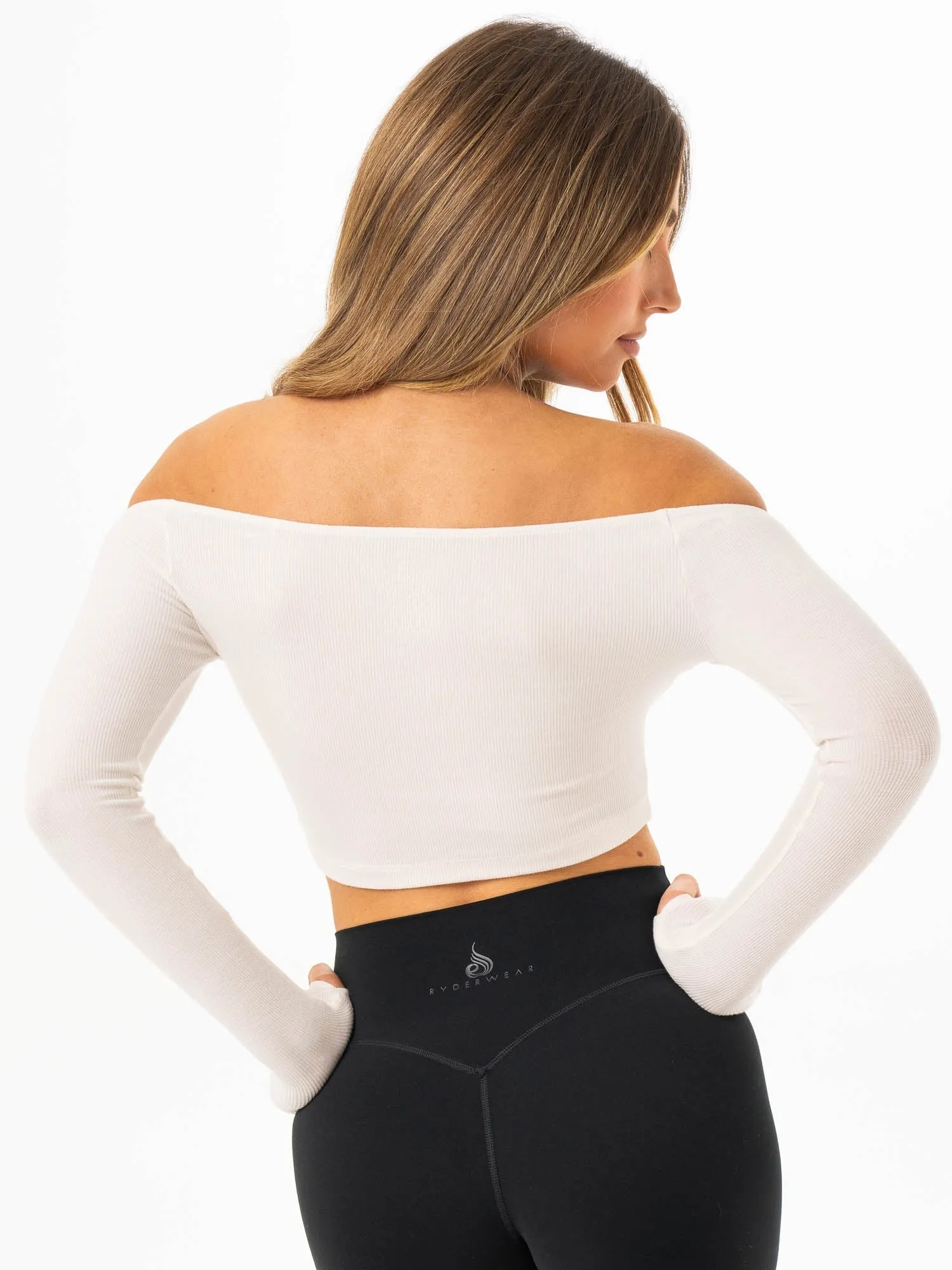Ribbed Off Shoulder Long Sleeve Top - Off White NonScratchyLining Stretch Woven Material