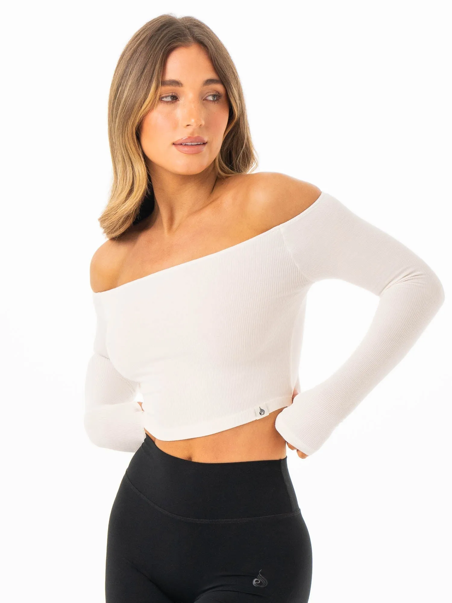 Ribbed Off Shoulder Long Sleeve Top - Off White FrenchTerryTexture