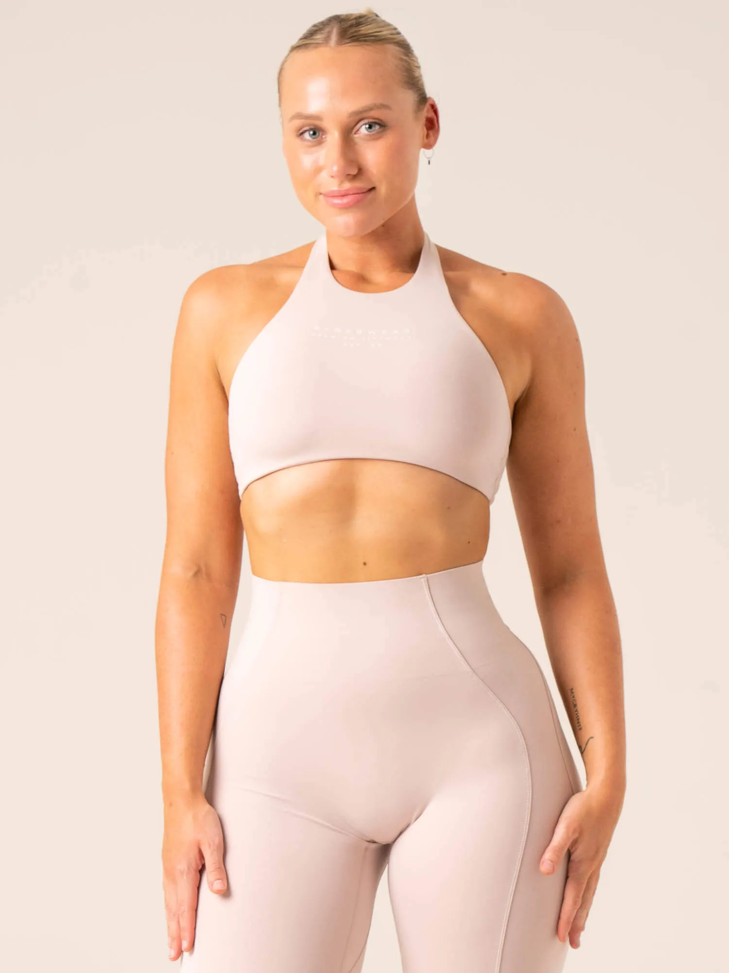 Stride Halter Sports Bra - Chalk Flexible Support Frame Layering seams