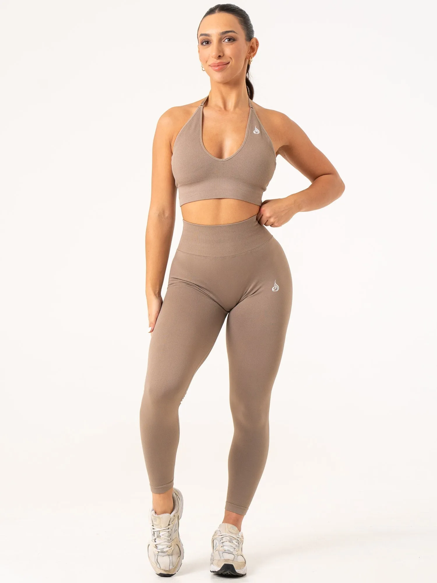 Adaptive Compression Lift Rib Seamless Halter Sports Bra - Taupe