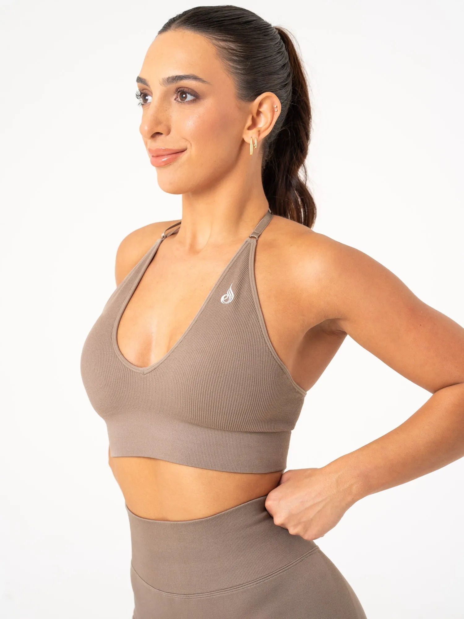 Lift Rib Seamless Halter Sports Bra - Taupe Seamless Structure Coverstitch seams