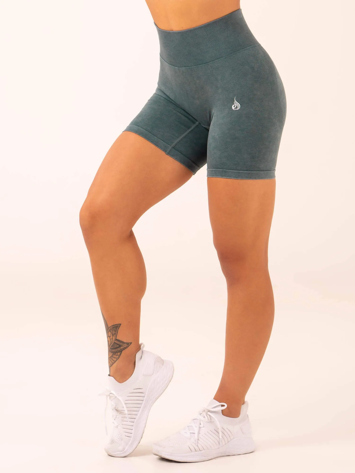 Stonewash Scrunch Seamless Shorts -  Petrol Stonewash Mid Rise RollUpFasten