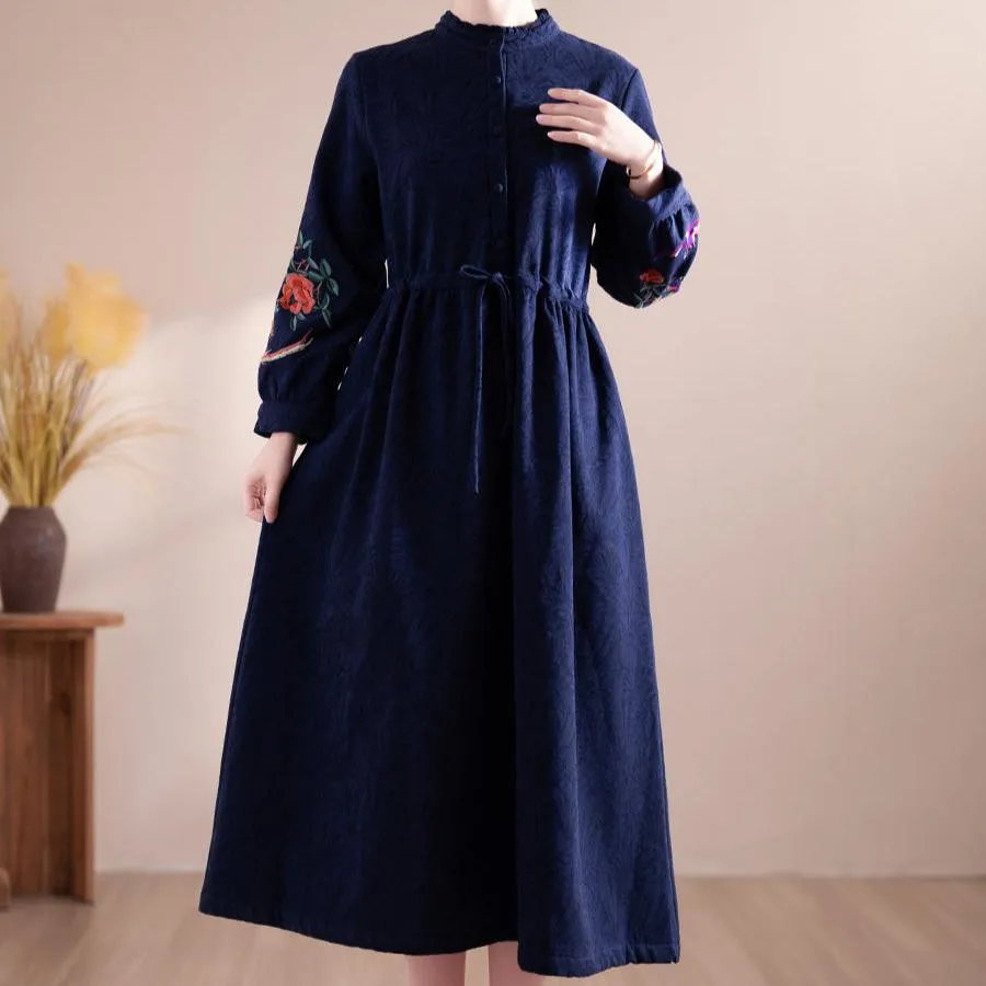 Women Winter Floral Embroidered Fleece-Lined Midi Dress Luxe Touch
