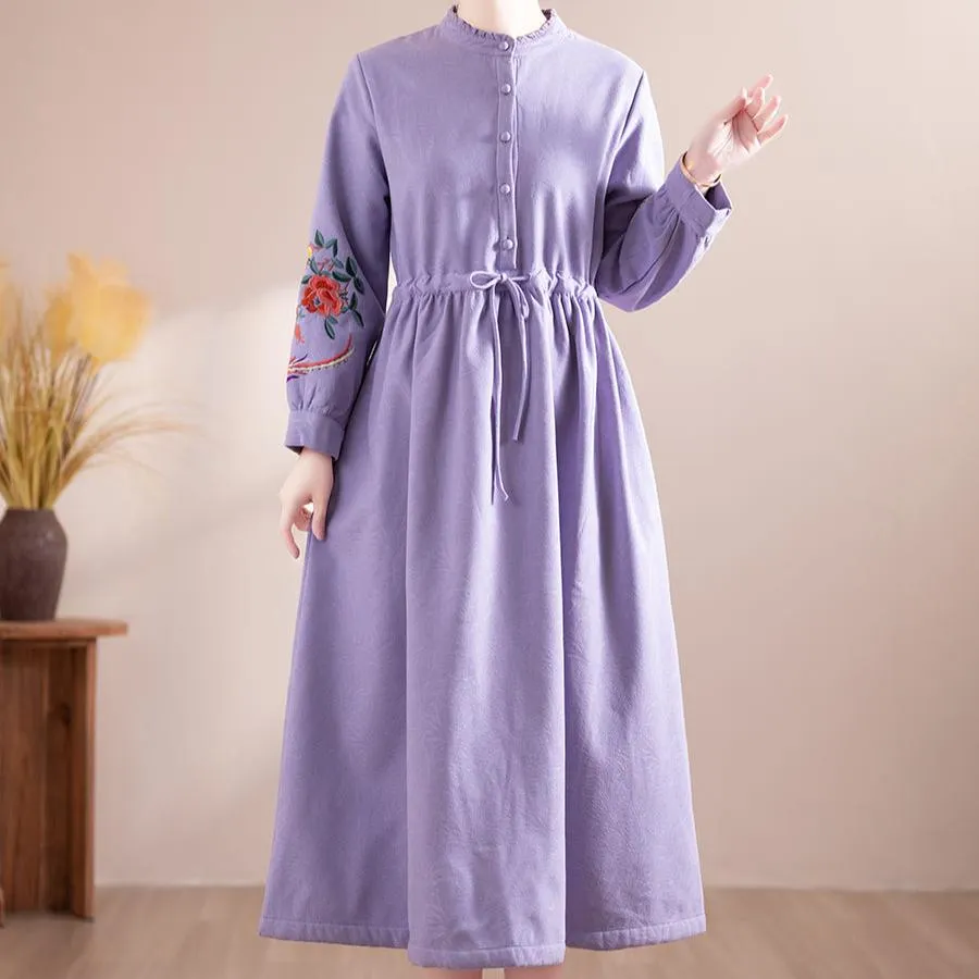 Chic Waist Versatile Wearable Women Winter Floral Embroidered Fleece-Lined Midi Dress