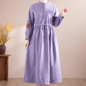 Chic Waist Versatile Wearable Women Winter Floral Embroidered Fleece-Lined Midi Dress