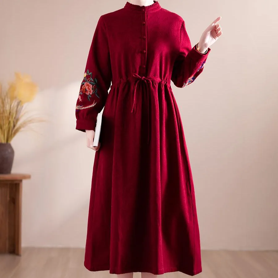 Women Winter Floral Embroidered Fleece-Lined Midi Dress Charming Design
