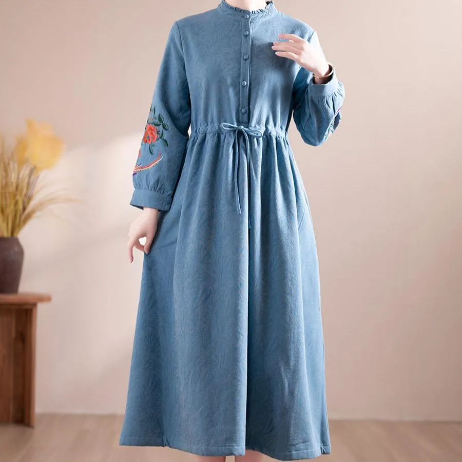 Flattering Waist Design Women Winter Floral Embroidered Fleece-Lined Midi Dress