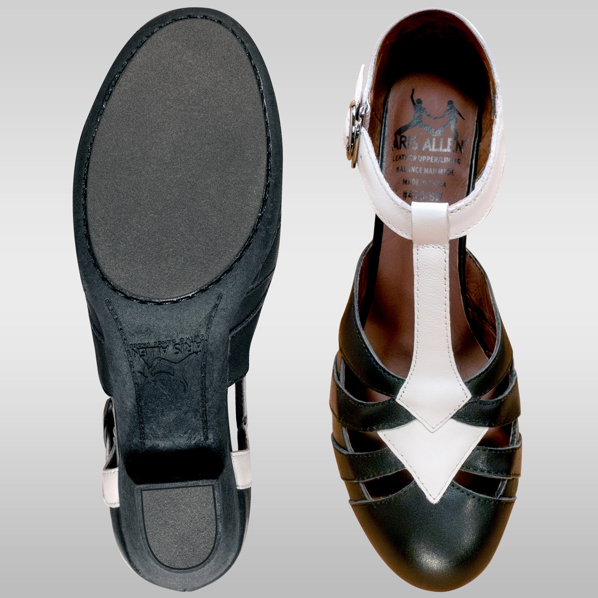 Versatile Sole Structured silhouette Aris Allen Black and White T-Strap Dance Shoes