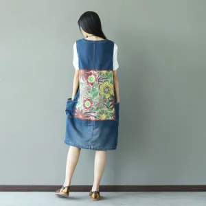 Roll Up Hem Natural Mood Summer Casual Floral Printed Patchwork Denim Skirt
