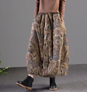 Winter Retro Ethnic Style Printed Padded Thickened Warm Midi Skirt Autumn Stroll