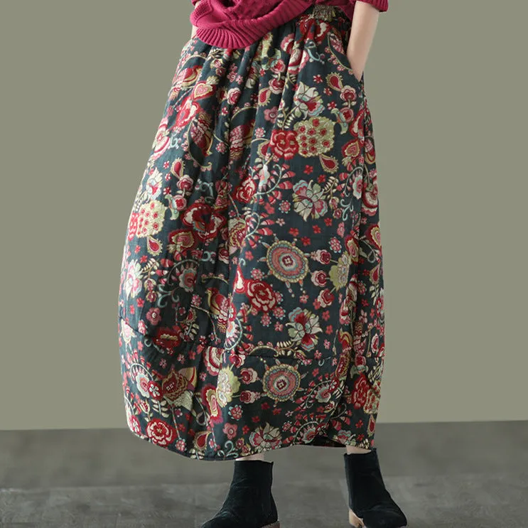 Winter Retro Ethnic Style Printed Padded Thickened Warm Midi Skirt Sturdy Waistband