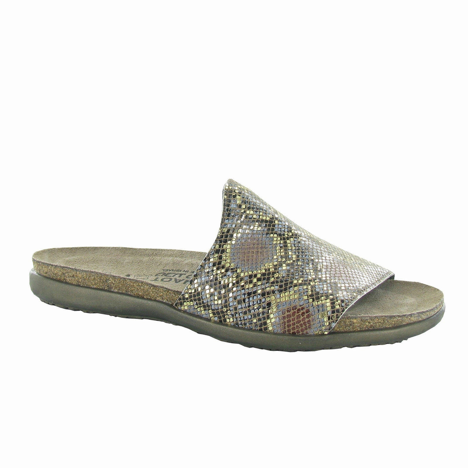 Durable Rubber Outsole ReinforcedToe Naot Skylar Slide Sandal (Women) - Golden Python Leather