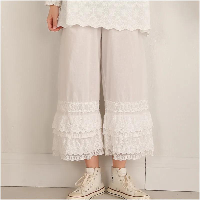 Low Profile Waistband Women Spring Cotton Ruffle Bottom Wide Leg Pants