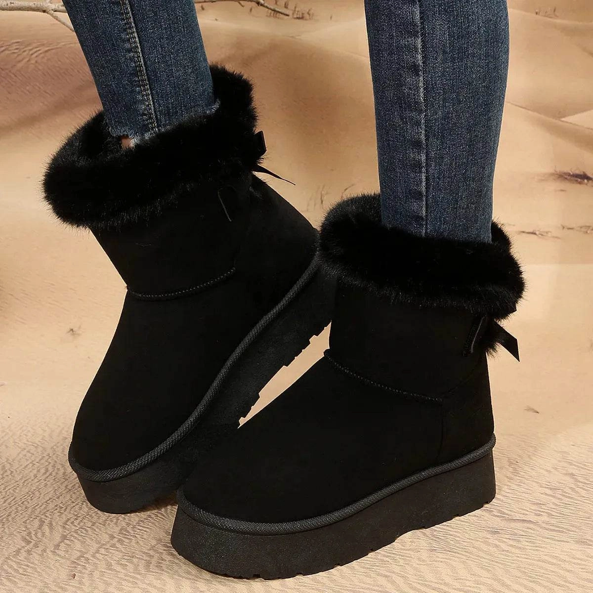New Bow-knot Snow Boots Winter Plus Velvet Warm Thick-soled Ankle Boots For Women Simple Daily Leisure Cotton Shoes mountain hiking