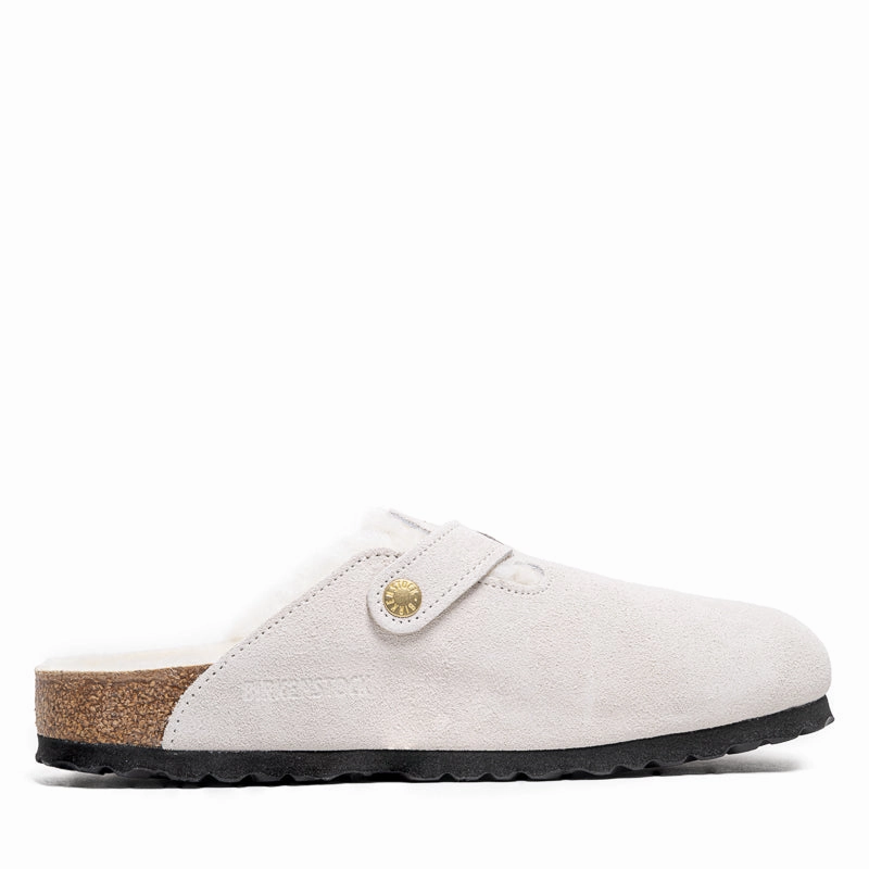 Women's Birkenstock Boston Shearling Suede - Antique White Premium Fit Water   Resistant