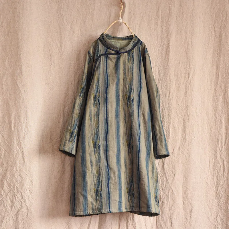 Vintage Asymmetric Front Striped Cotton Linen Dress for Women Comfort Layer Wear