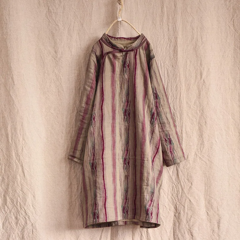 Vintage Asymmetric Front Striped Cotton Linen Dress for Women Youth Charm Urban Line