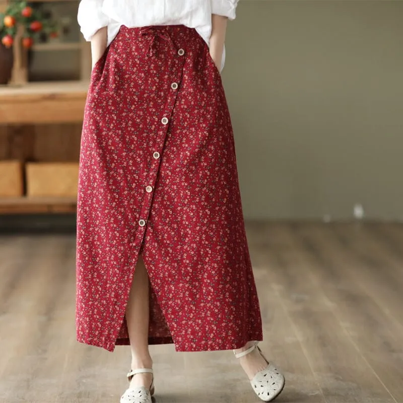 Mood Outfitboard flared silhouette Spring Autumn Retro Floral Split Cotton Skirt