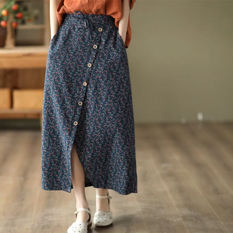Breezy Flow Spring Autumn Retro Floral Split Cotton Skirt