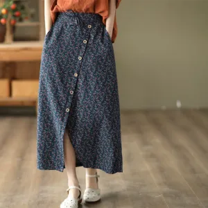 Breezy Flow Spring Autumn Retro Floral Split Cotton Skirt