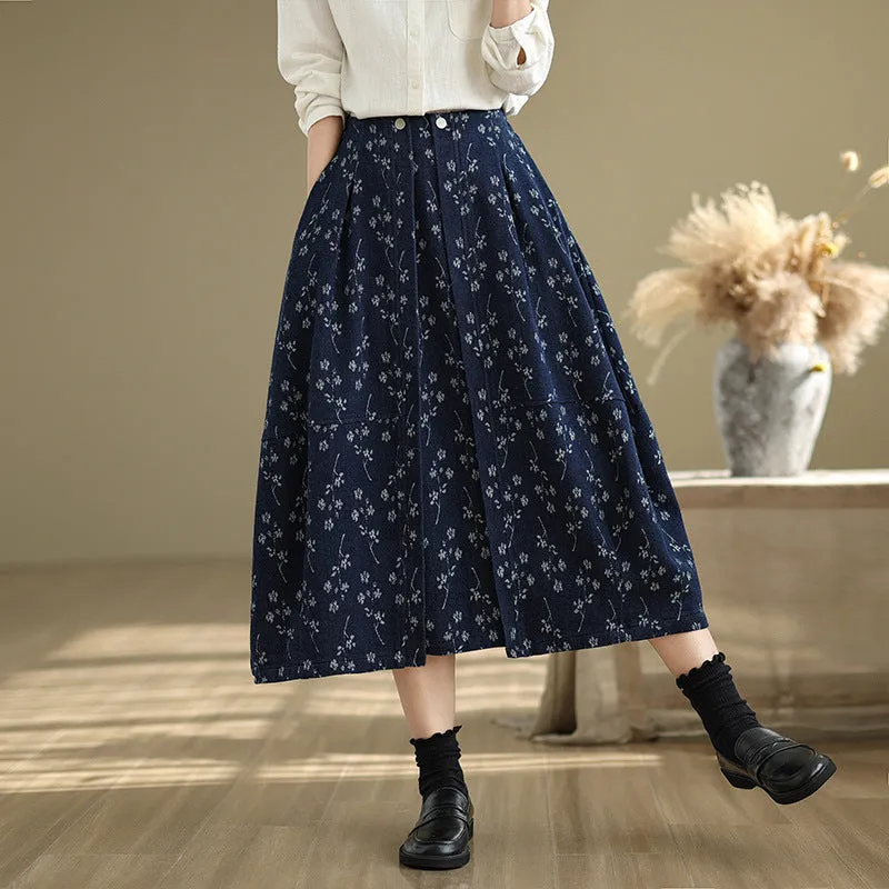 Neutral Tones Babakud Women Spring Vintage Loose-Fit Denim Skirt with Flower-Bud Design