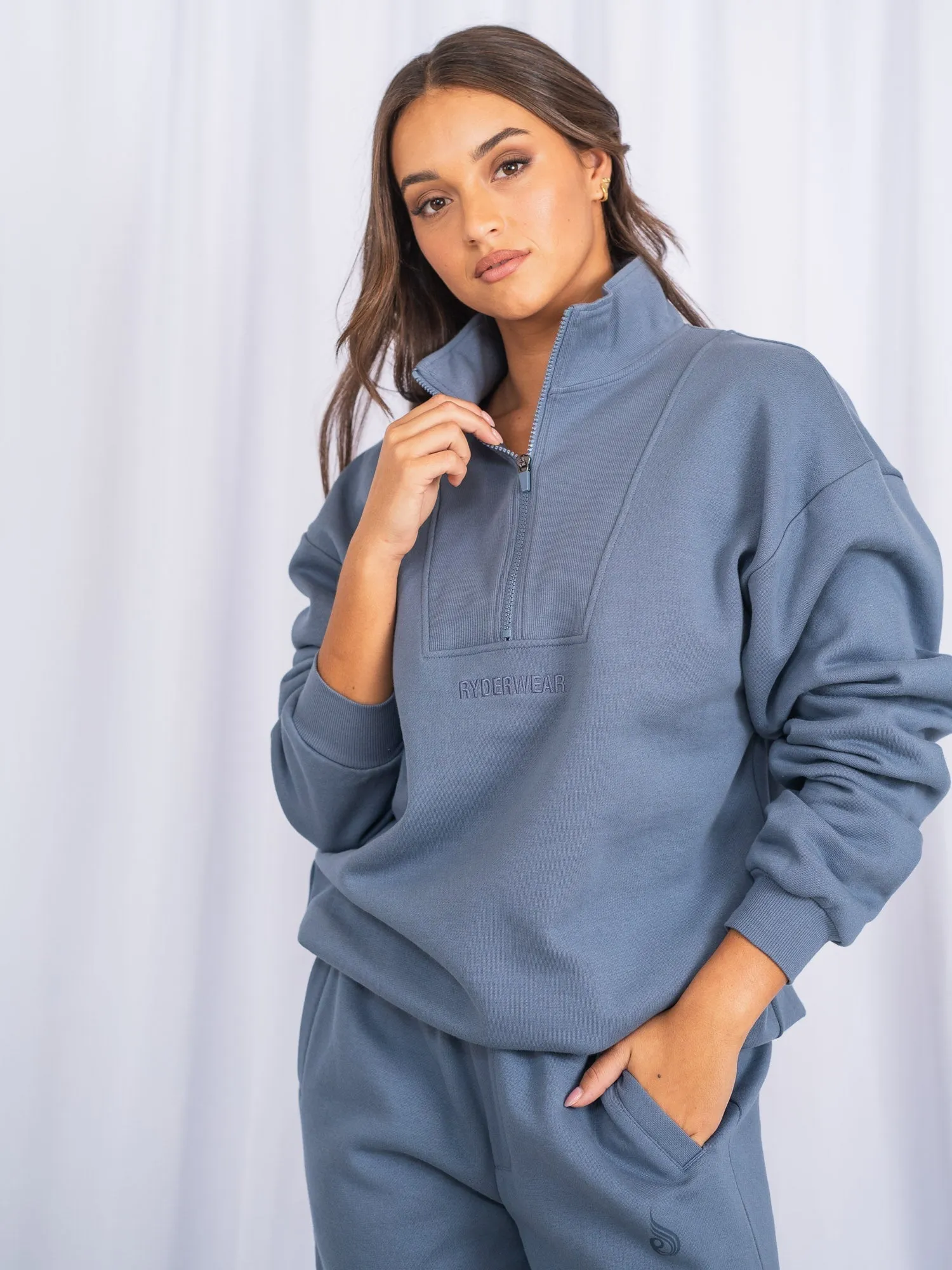 Unisex Half Zip Jumper - Denim Blue City Streets RipstopFabric