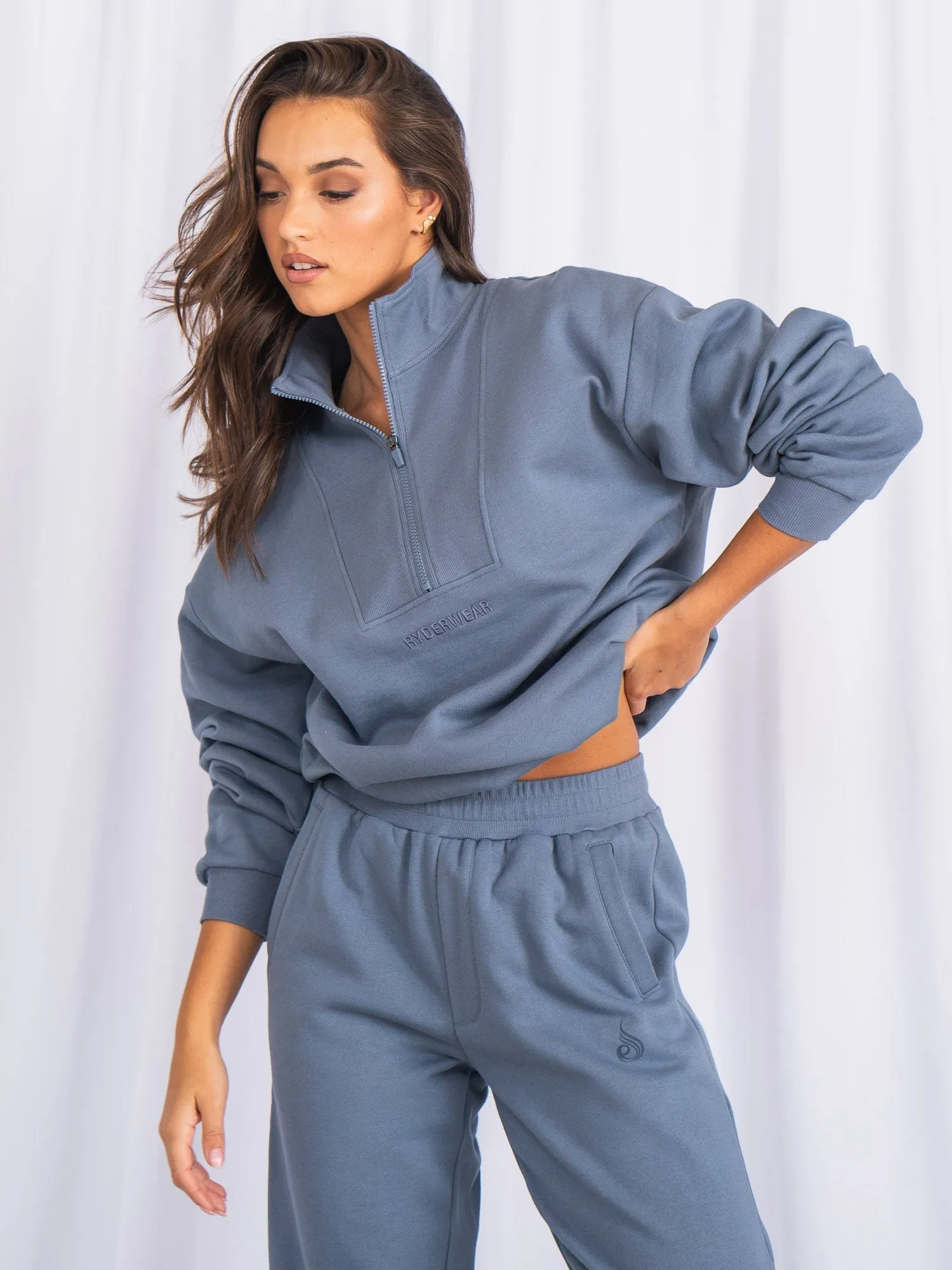 Hooded Unisex Half Zip Jumper - Denim Blue