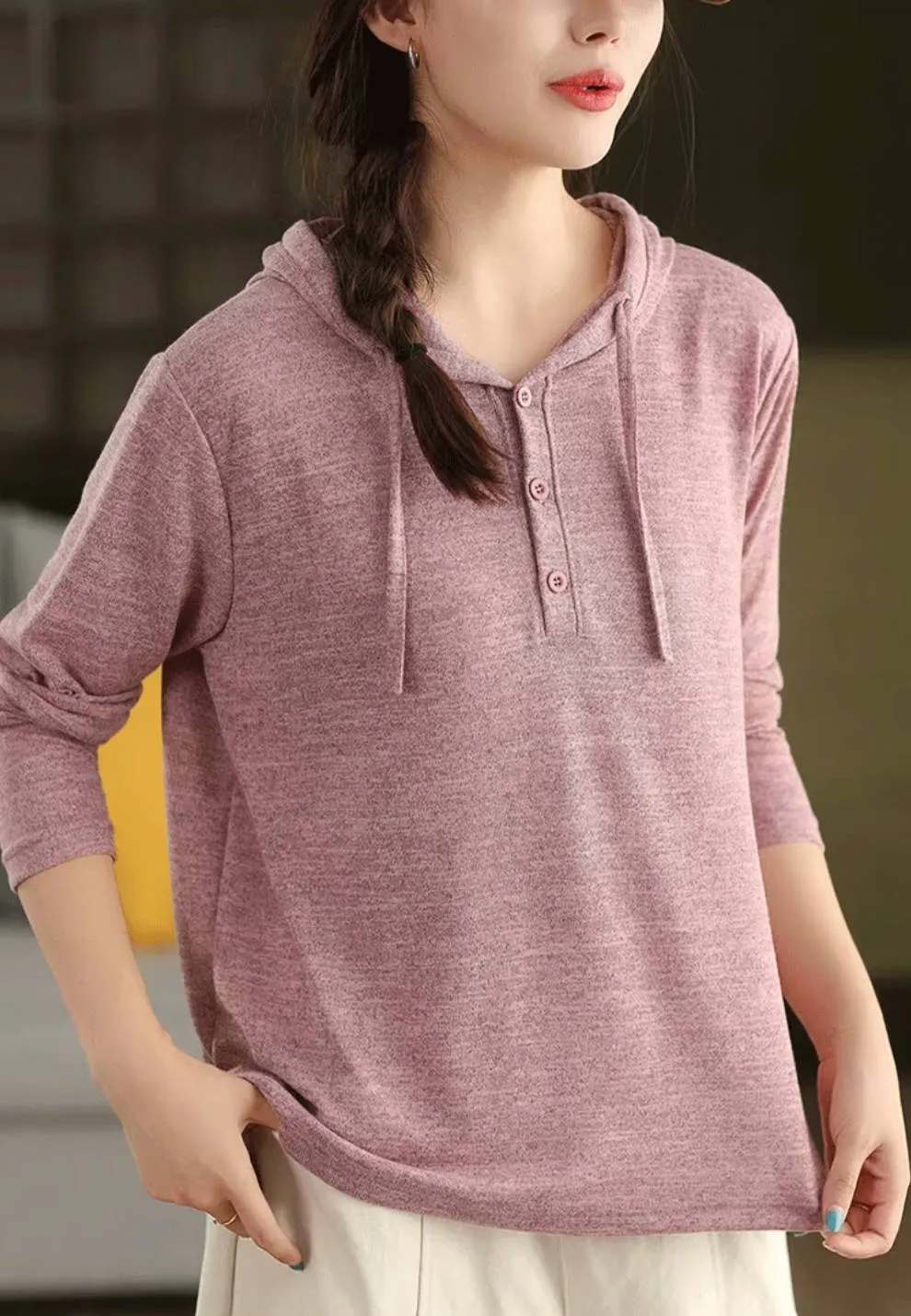 Elastic design Trend Fashion Autumn Thin Cotton Casual Loose Soft Hoodies Top