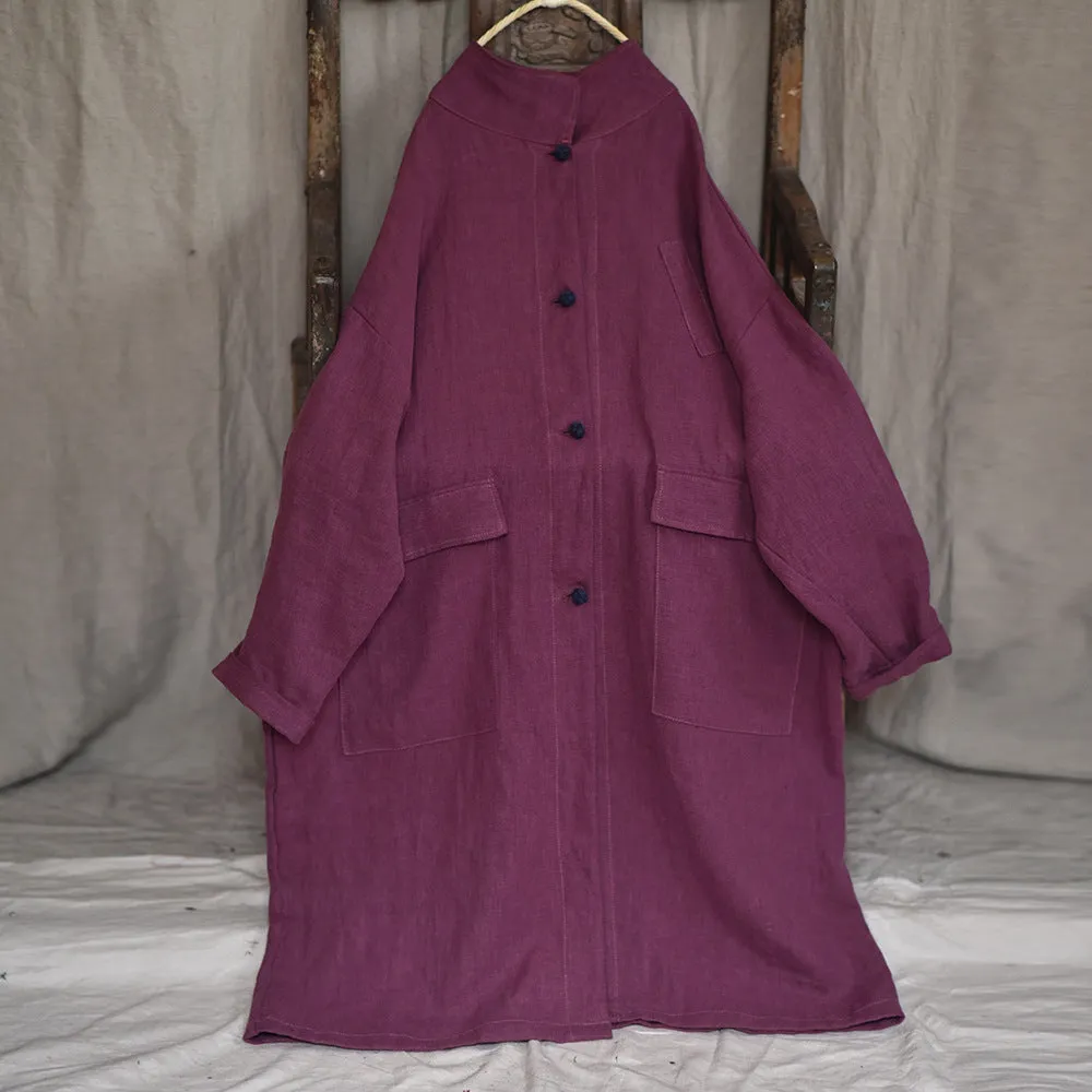 Babakud Women Autumn Cotton Linen Solid Colors Pocket Coat Folder