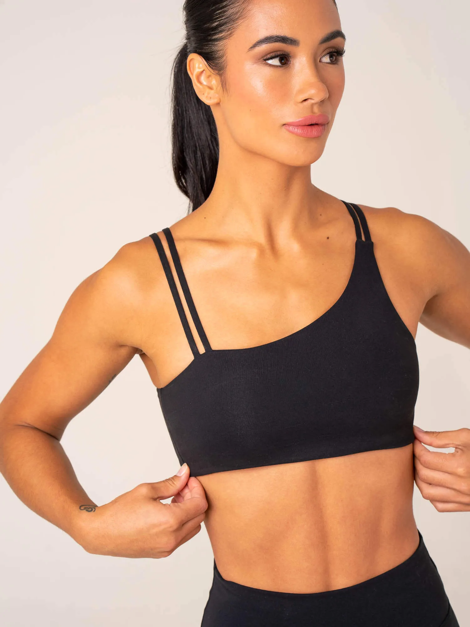 Unstoppable One Shoulder Sports Bra - Black Matching set seams