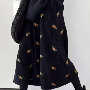 Shape Enhancing Women Vintage Corduroy Embroidered Floral High-Waist Thick A-Line Skirt
