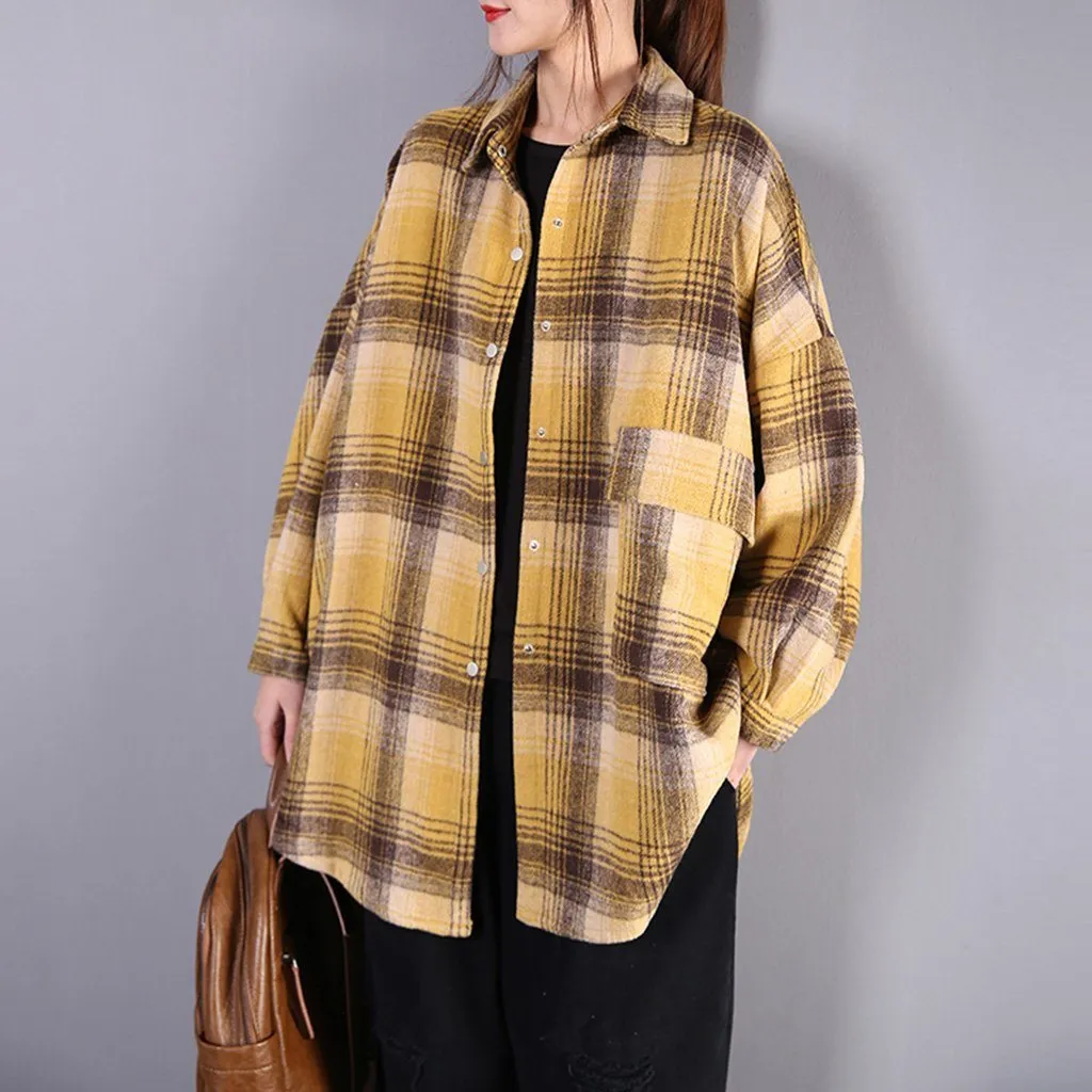 Women Classic Brushed Loose Plaid Shirts Classic Collar
