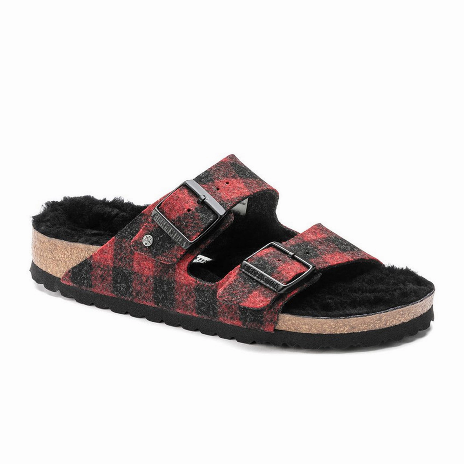 Comfort Pad Birkenstock Arizona Narrow Slide Sandal (Women) - Red Plaid Wool/Black Shearling