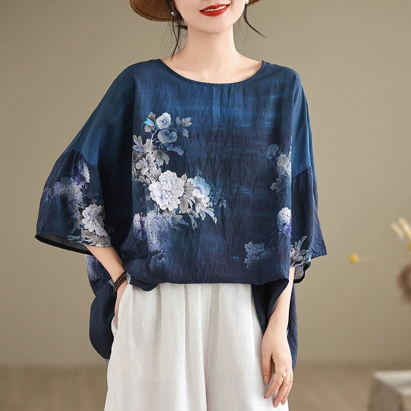 Blue Plus Size Bat Sleeves Round Neck Cotton Linen T-Shirt All-Weather Ready