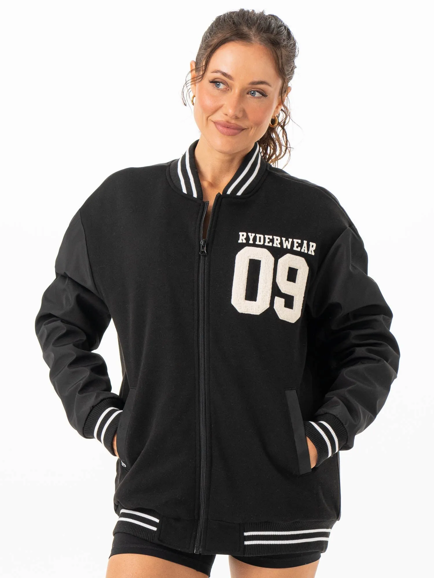 Fashionable Protection Varsity Bomber Jacket - Black/Black