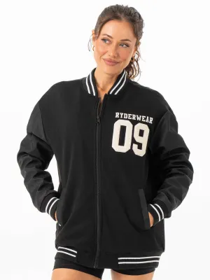 Fashionable Protection Varsity Bomber Jacket - Black/Black