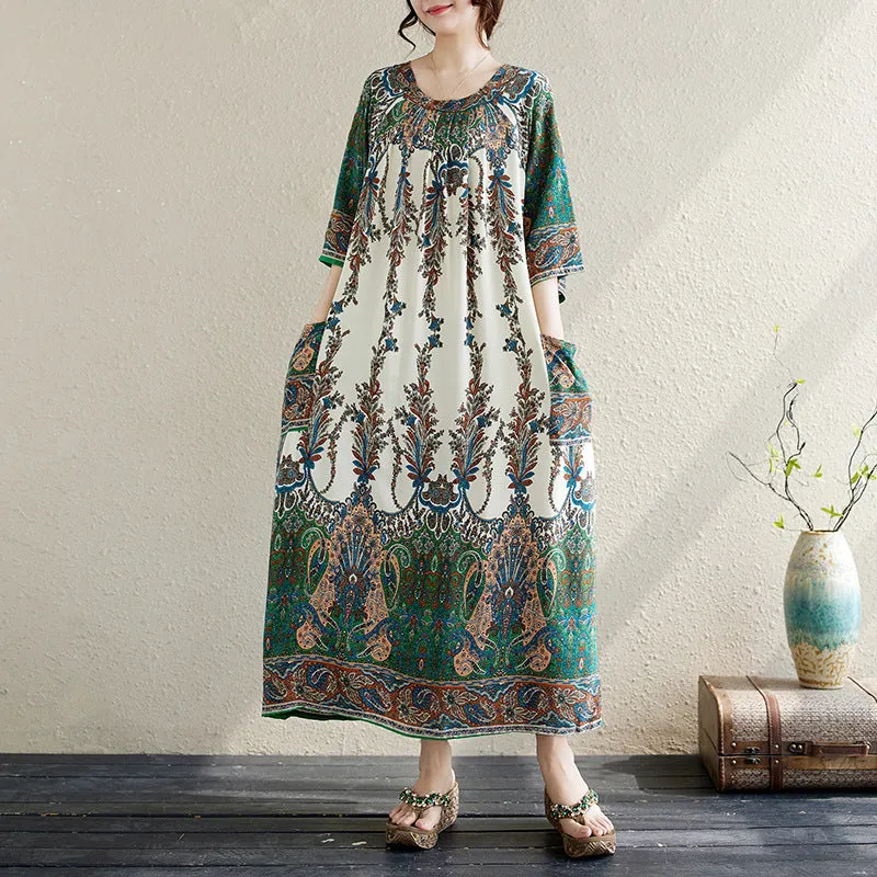 Date Ready Pastel-Tone Women Printed Round Collar Loose Plus Size Dress