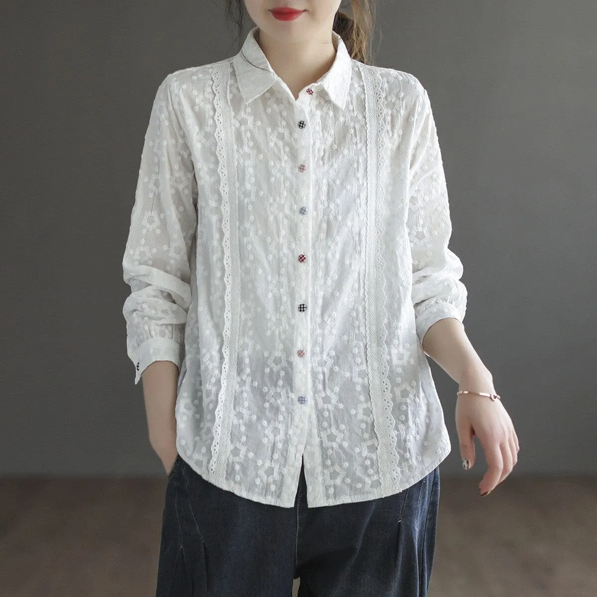 Spring Retro Floral Jacquard Long Sleeve Shirt Stretchable Knit
