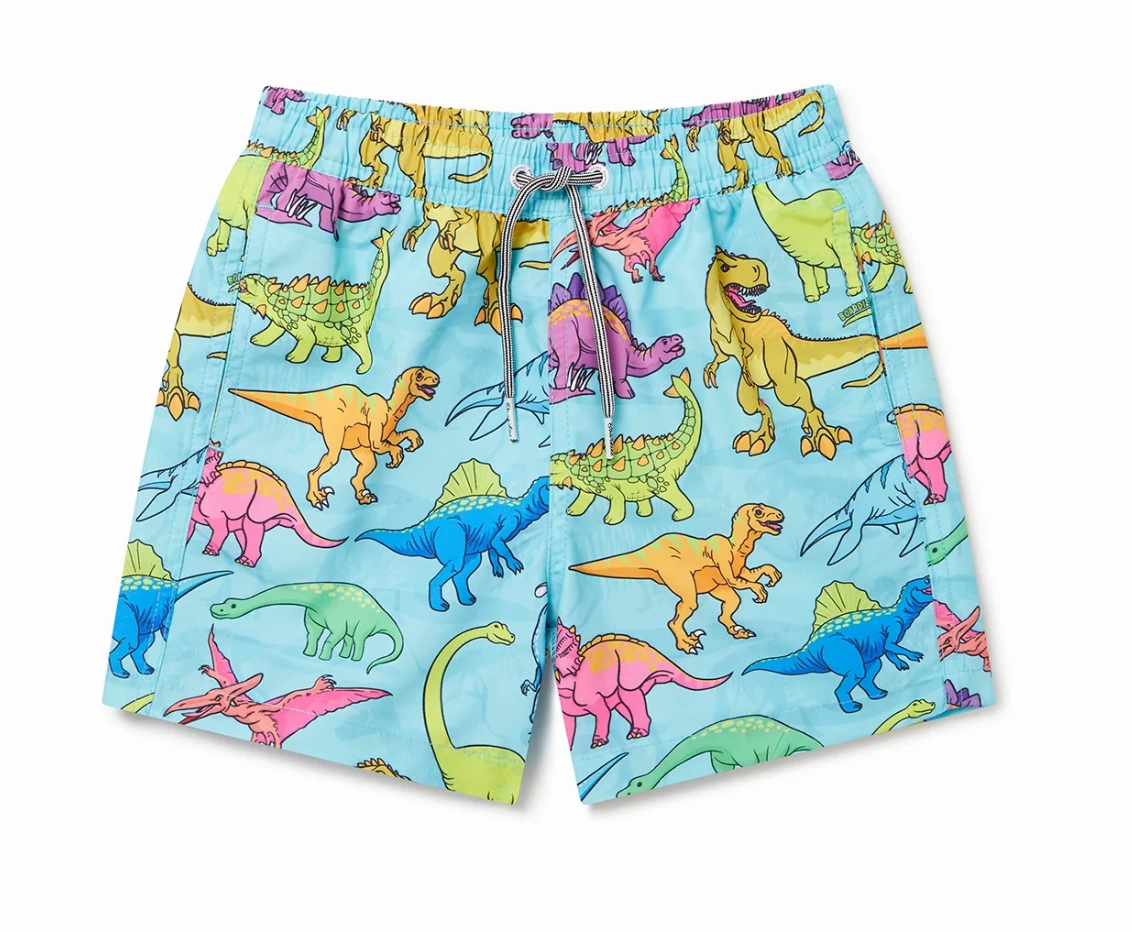 Vibrant Dino Kids Swim Shorts- Blue Bowed