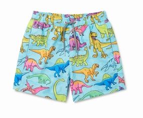 Vibrant Dino Kids Swim Shorts- Blue Bowed