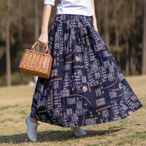 Vintage Ethnic Style Printed Ruffled Linen Midi Skirts slim fit Simple Motion