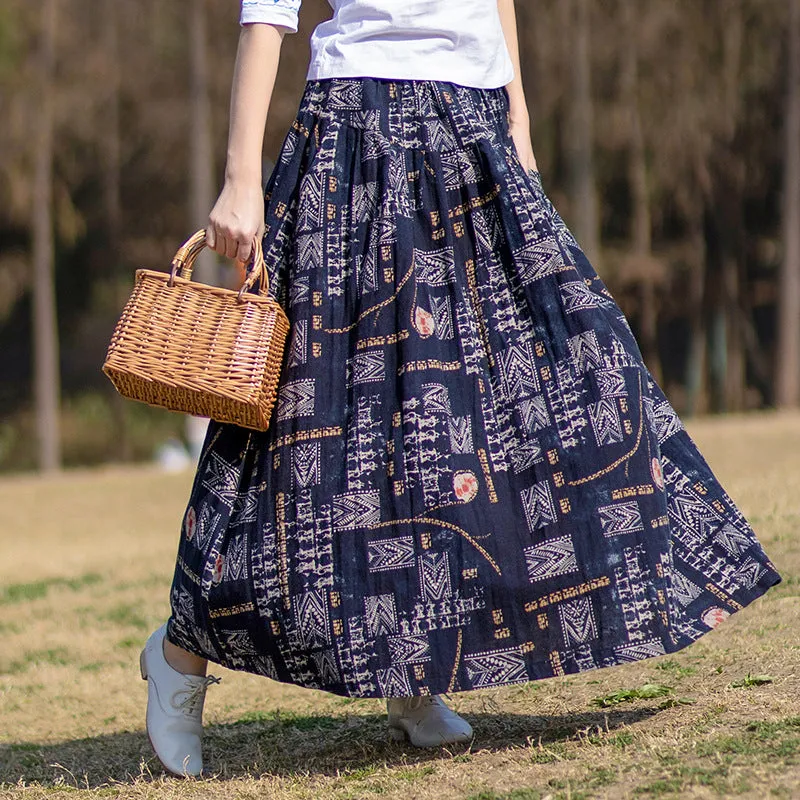 Vintage Ethnic Style Printed Ruffled Linen Midi Skirts slim fit Simple Motion