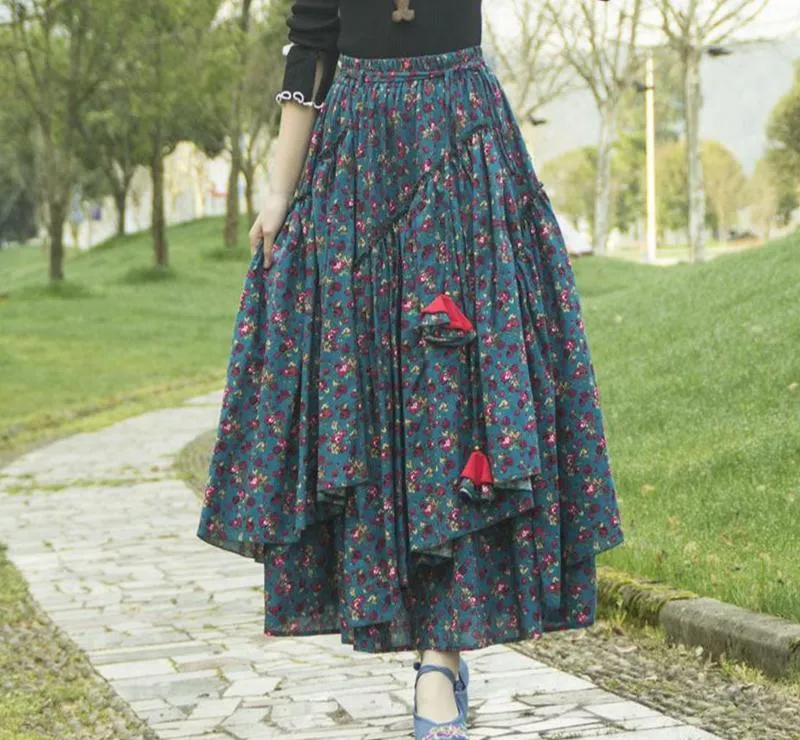 Layer Combo Vintage Floral Printed Ruffled Asymmetric Skirt