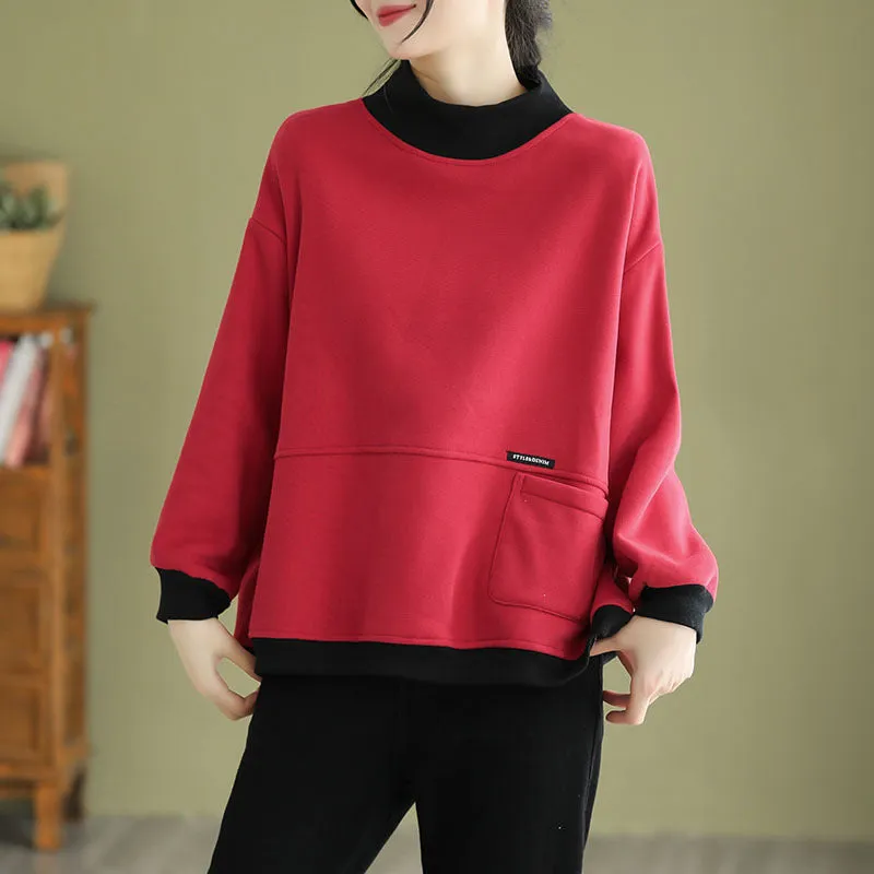Warm Comfort Vintage Winter High Neck Fleece Lined Loose Fit Sweatshirt