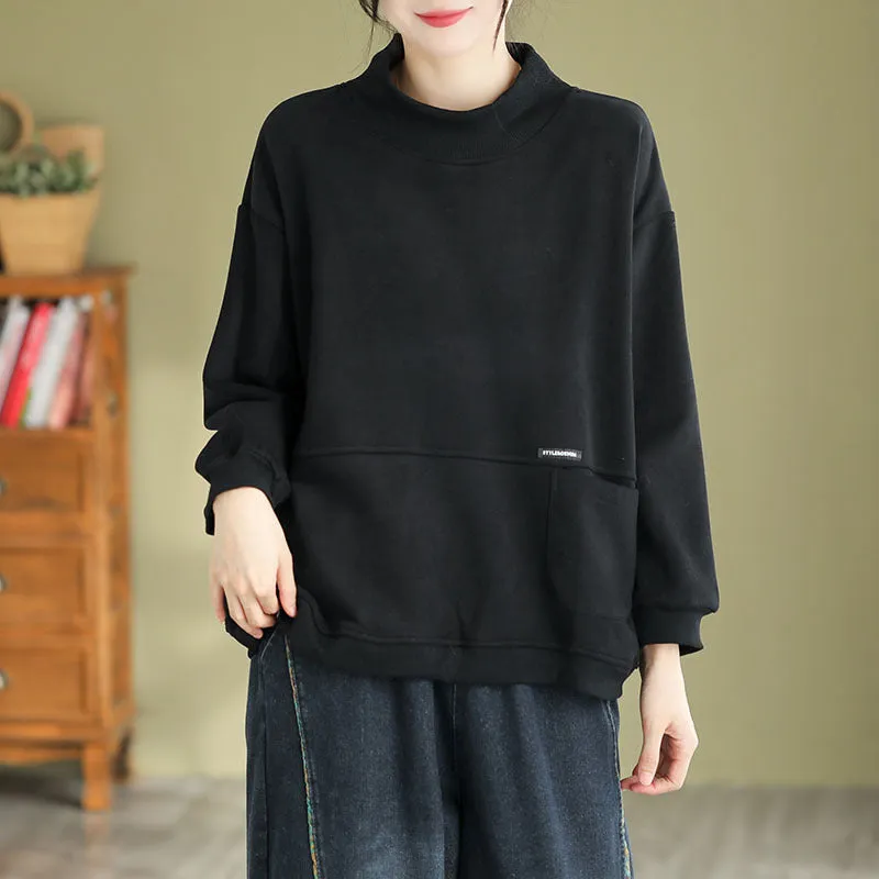 Vintage Winter High Neck Fleece Lined Loose Fit Sweatshirt autumn clothing Elastic Fit